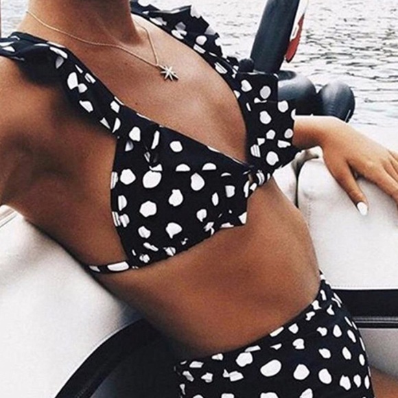 Black Polka Dot Retro High Waist Bikini Swimsuit - Picture 7 of 8